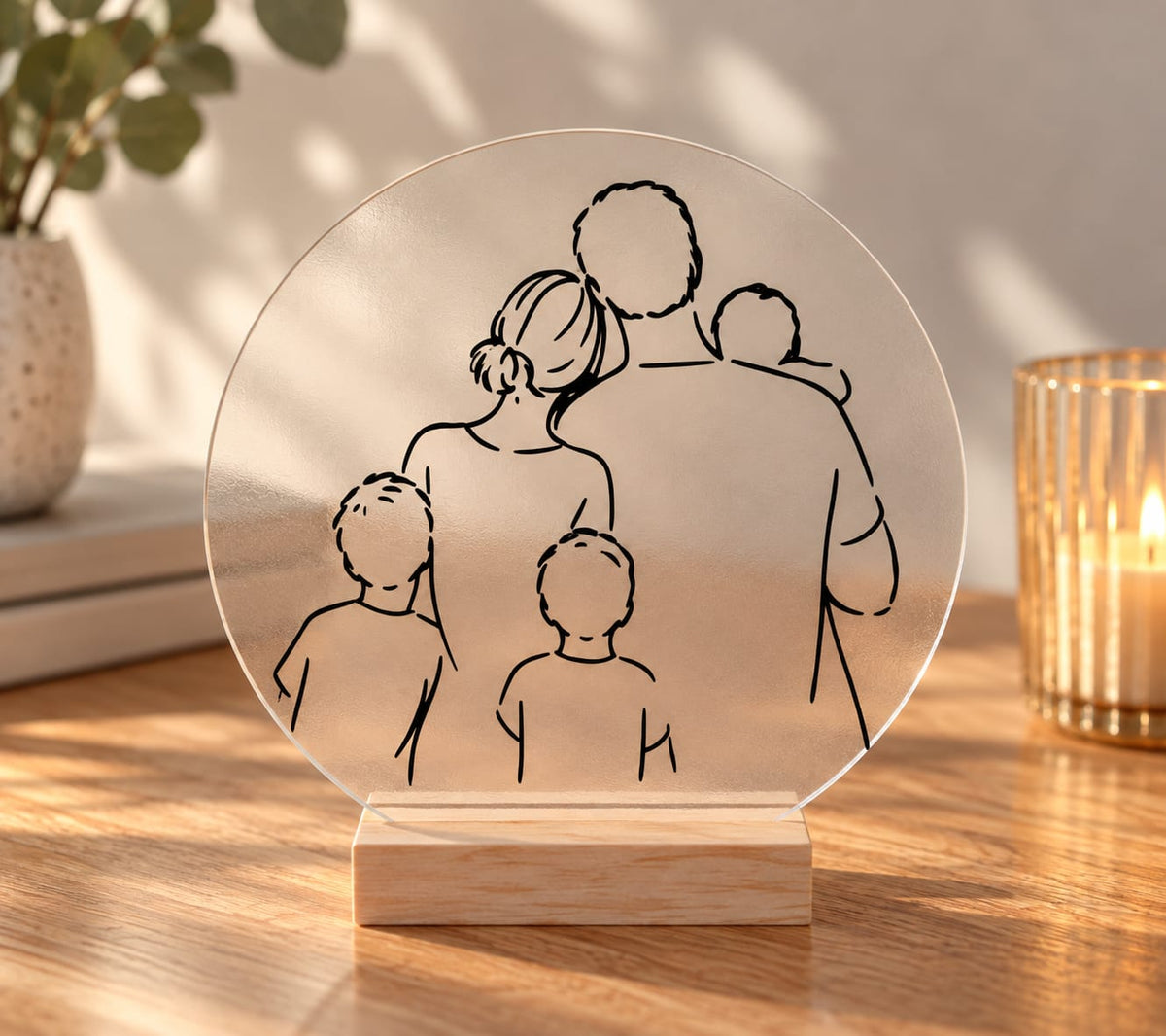 Familie Lijntekening – Acrylplaat met Houten Houder – Gezin met 3 Kinderen – Minimalistische Woondecoratie – Cadeau voor Ouders – 15 cm